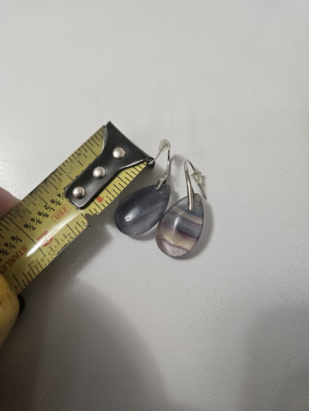 Fluorite Teardrop Dangle Earrings Stainless Steel Natural Tumbled Polished Stone - Picture 3 of 3